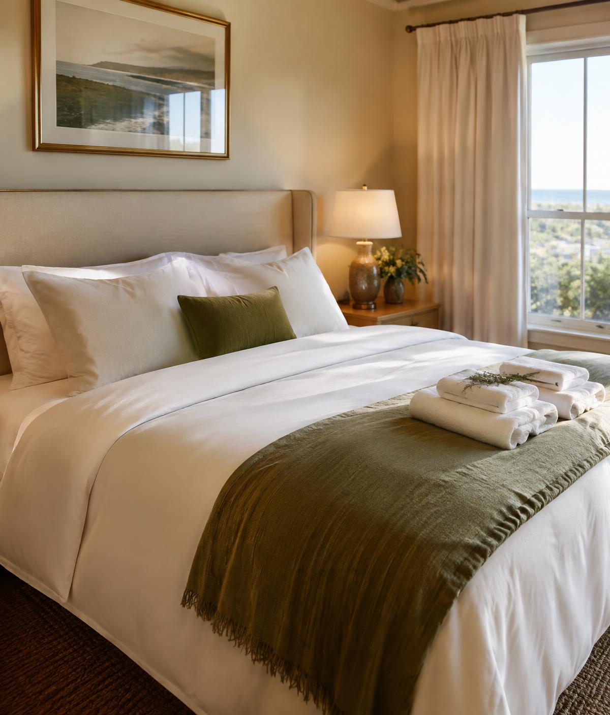 Freshly made bed with folded towels