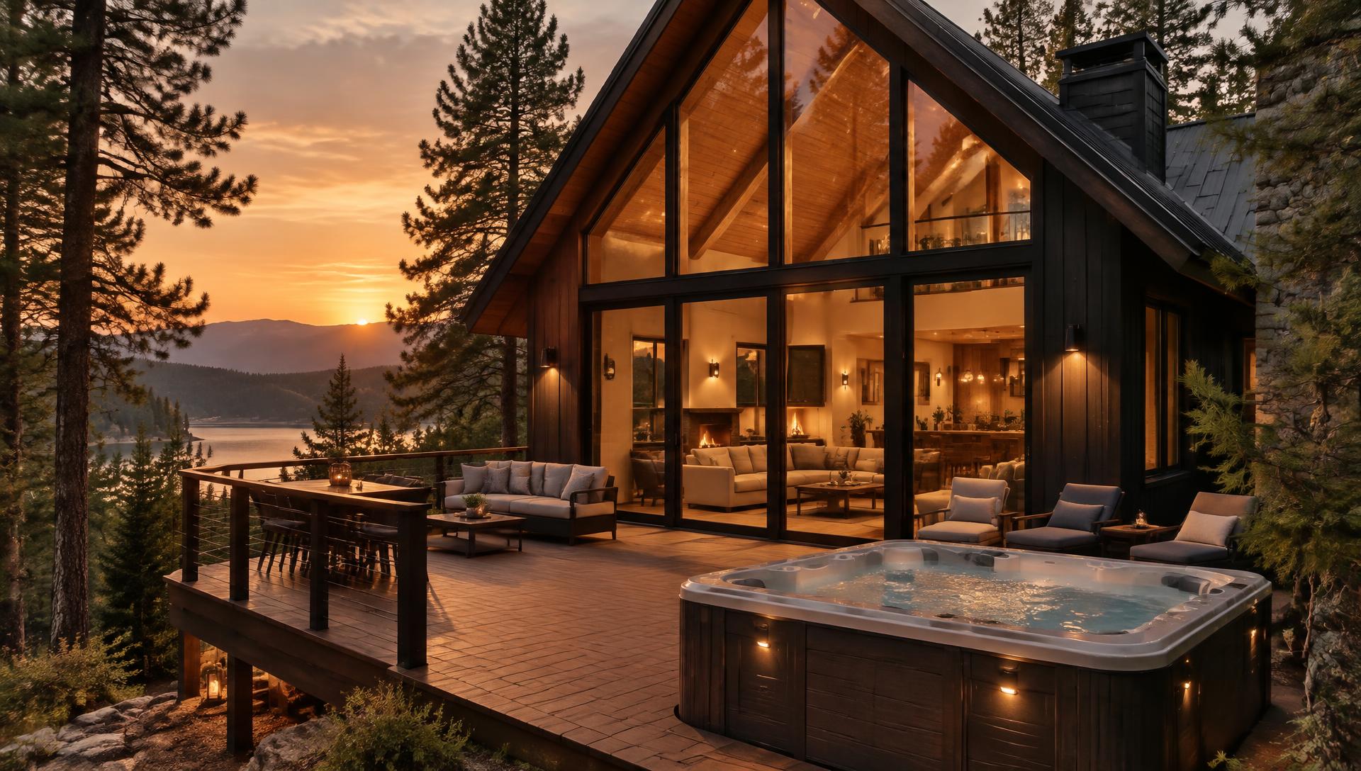 Modern lakeside cabin glowing at dusk
